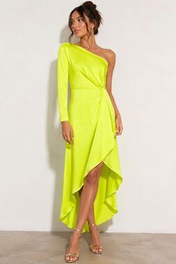 Alice + Olivia Dora Neon Key Lime One Shoulder High Low Dress 6 NWT Flaws